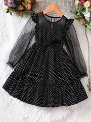 Girls Mesh Polka Dot Dress with Bow