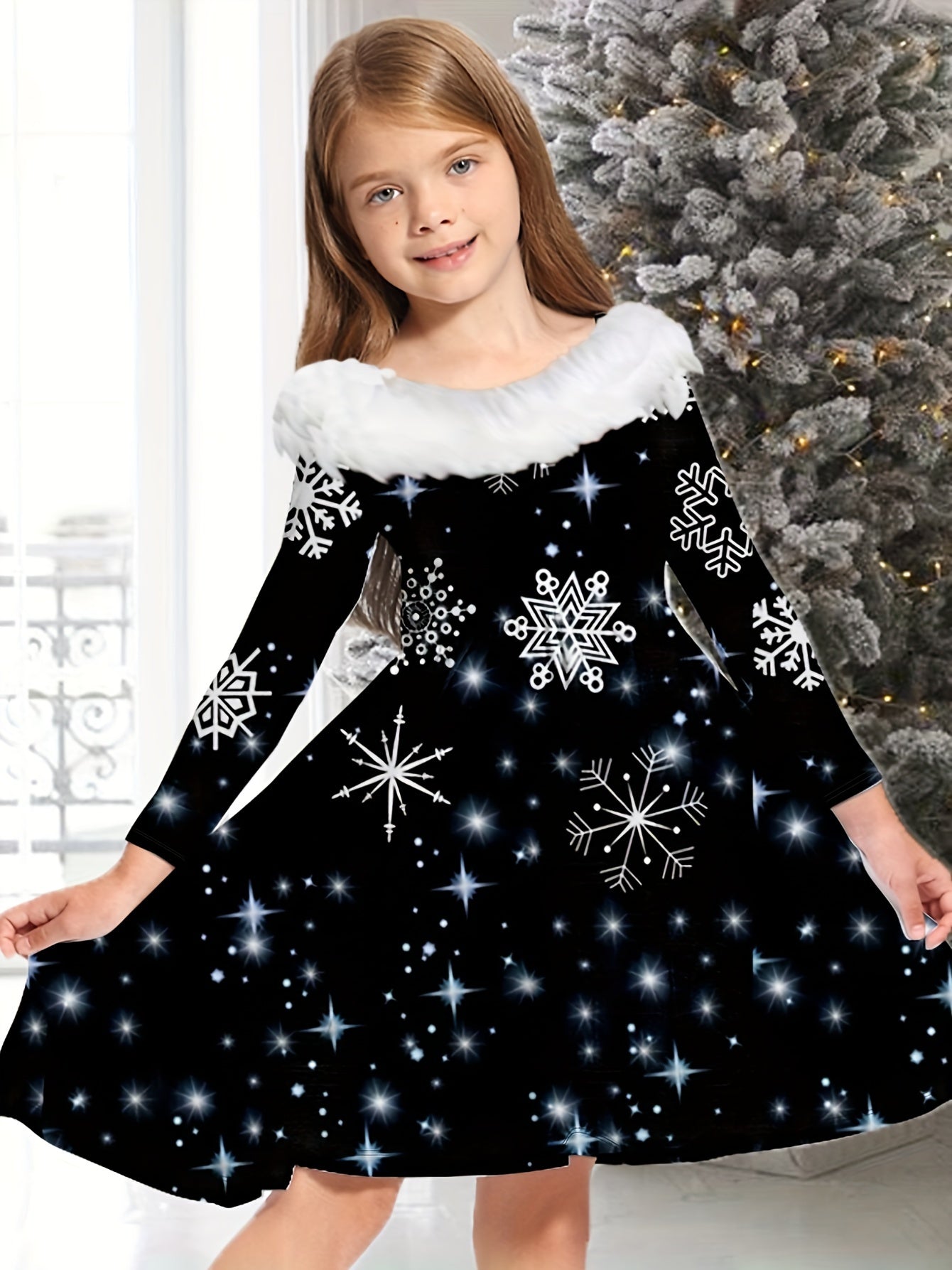 Girls MERRY CHRISTMAS Print Crew Neck Long Sleeve Dress For Christmas Gift