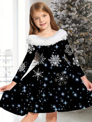 Girls MERRY CHRISTMAS Print Crew Neck Long Sleeve Dress For Christmas Gift