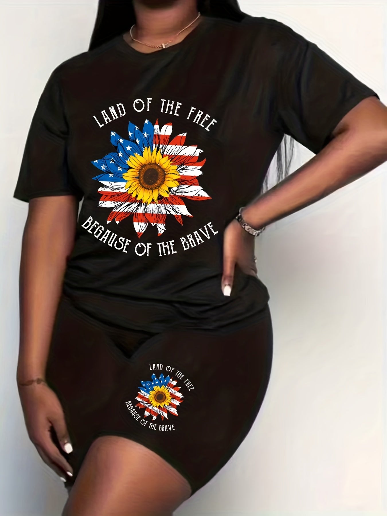 Women's Plus Flag Sunflower & Slogan Print Top & Shorts Outfit Set