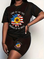 Women's Plus Flag Sunflower & Slogan Print Top & Shorts Outfit Set