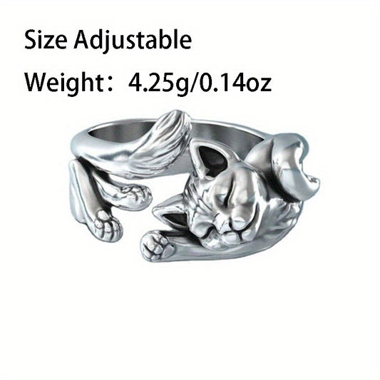 Vintage Silver Plated Cat Totem Ring - Kitty Opening Cat Ring