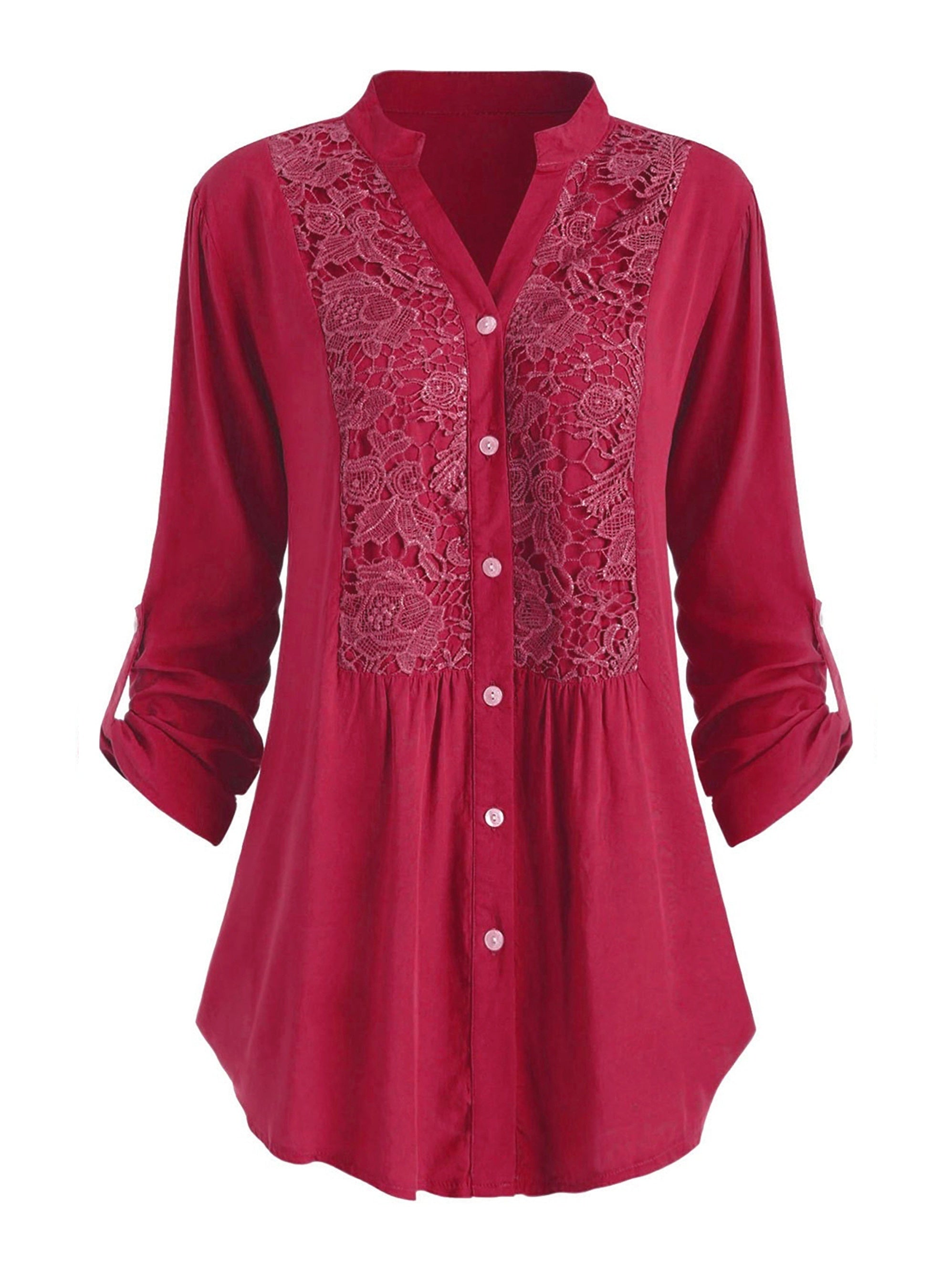 Solid Button Up Lace Panel Blouse