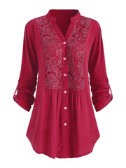 Solid Button Up Lace Panel Blouse