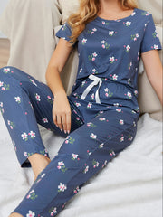 Floral Print Pajama Set Short Sleeve Top & Pants Sleepwear