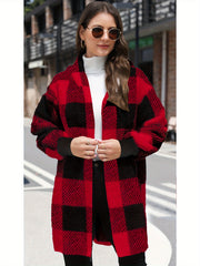Fleece Plaid Hooded Cardigan Coat for Women
