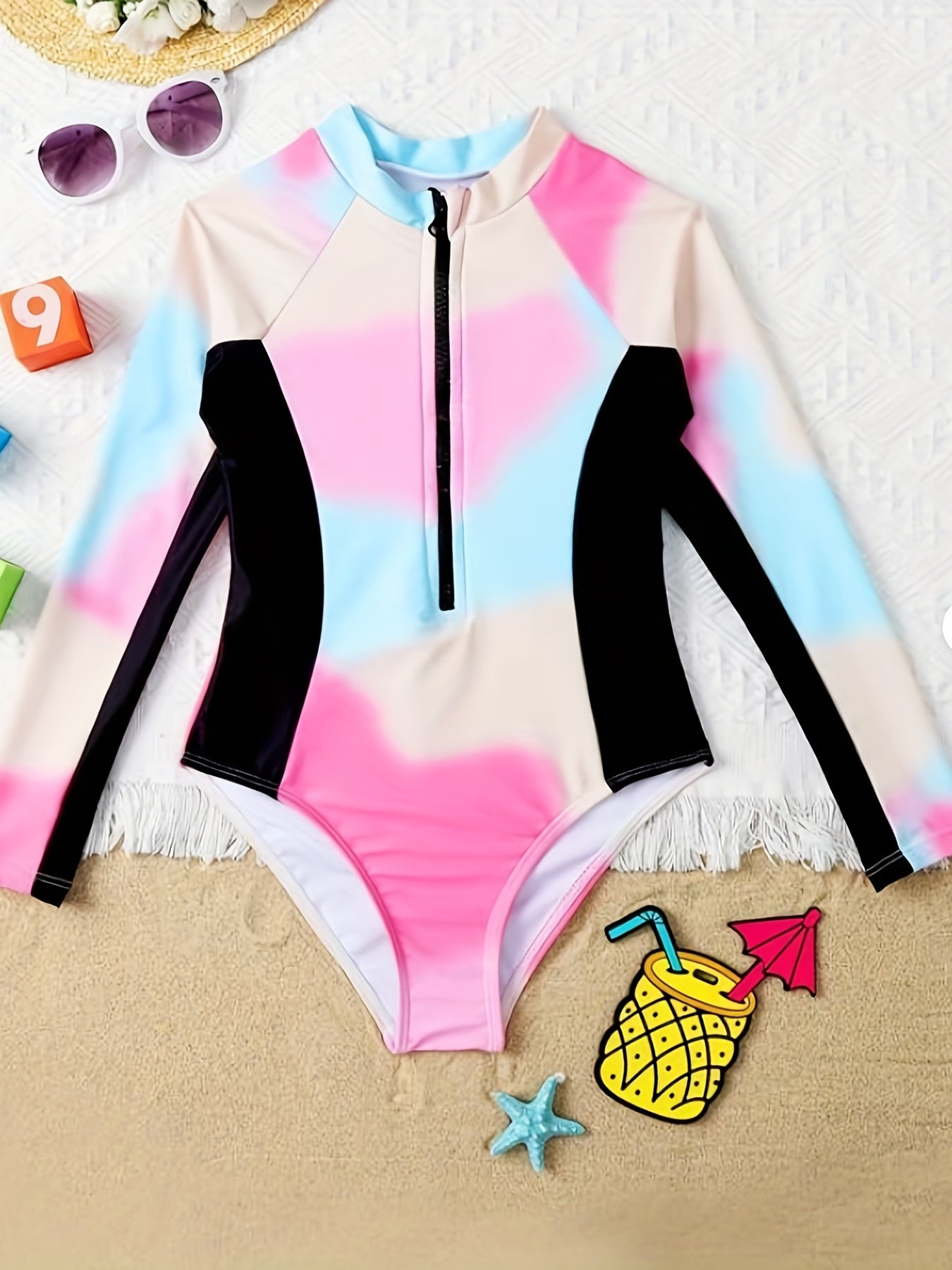Girls Rain Forest Graphic Long Sleeve Swimsuit for Surfing