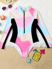 Girls Rain Forest Graphic Long Sleeve Swimsuit for Surfing