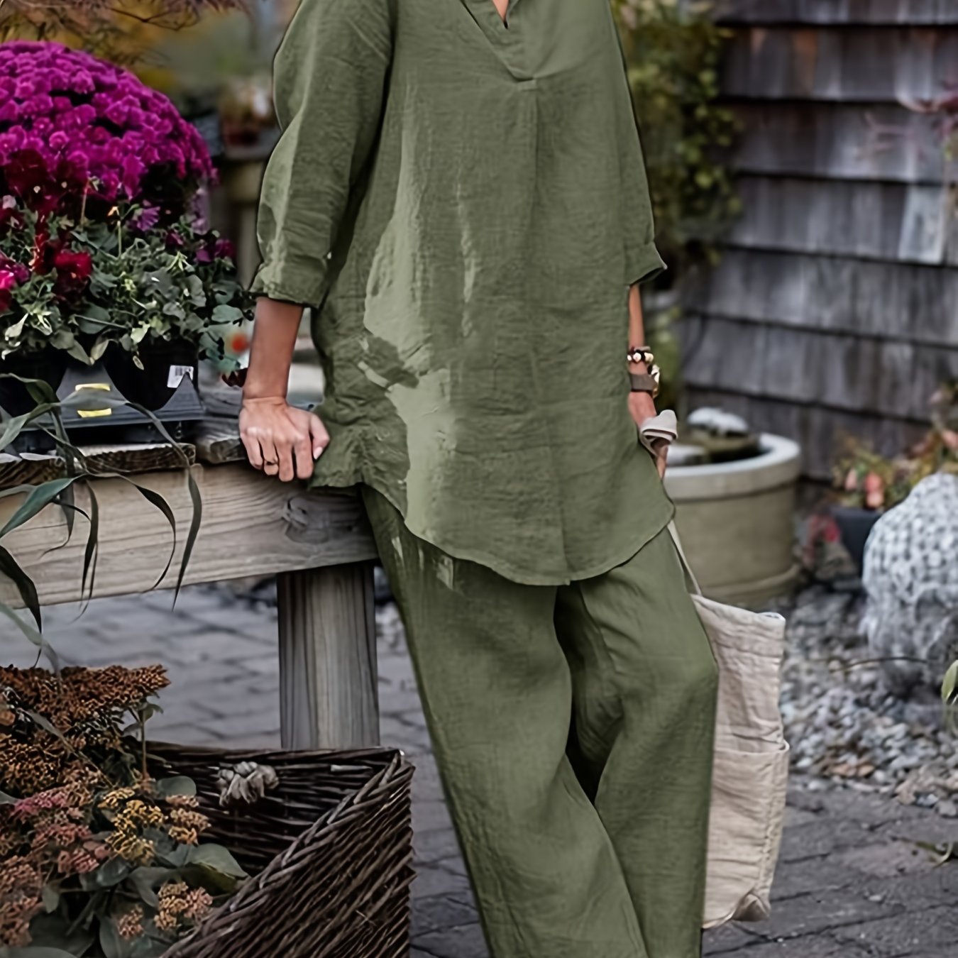 Women's Plus Solid Long Sleeve Shirt & Pants Outfit Set