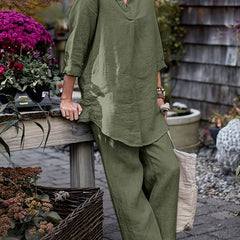 Women's Plus Solid Long Sleeve Shirt & Pants Outfit Set