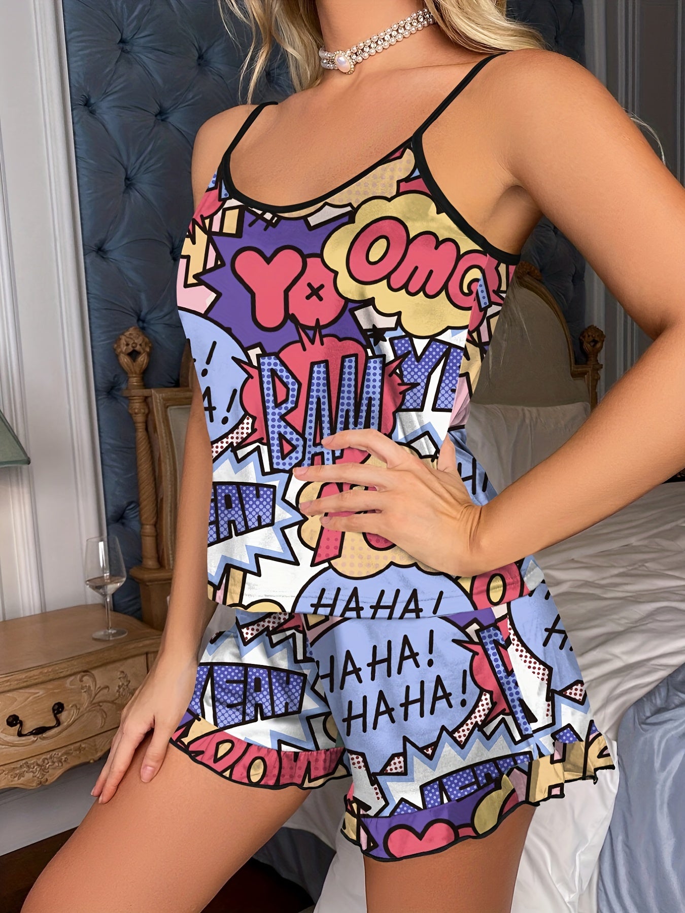 Cartoon Letter Print Pajama Set Crew Neck Cami Top & Ruffle Shorts