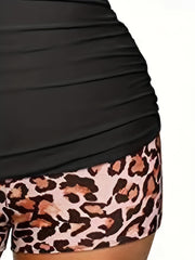 Vacay Tankini Set - Solid V Neck Tank Top & Leopard Shorts