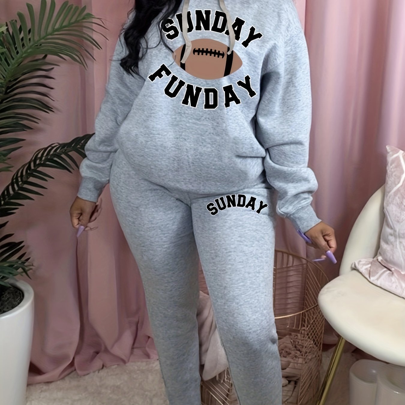 Rugby & Letter Print Hoodie & Sweatpants Outfits Two Piece Set