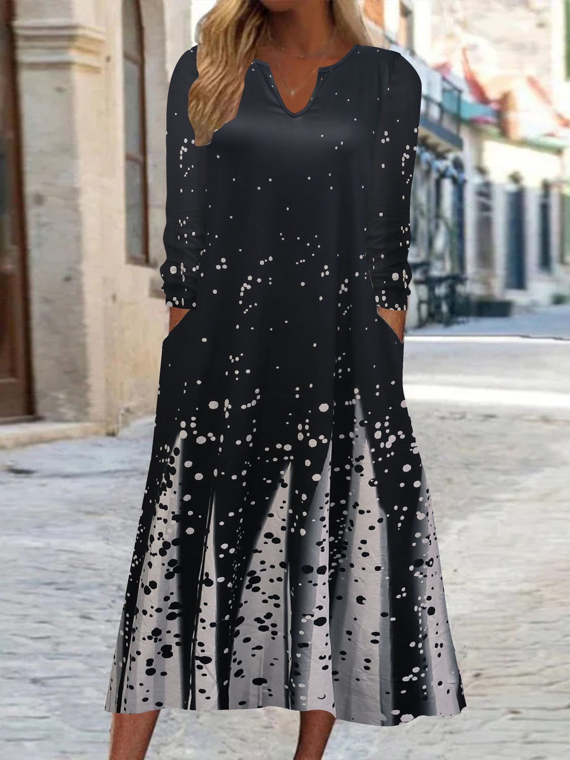 Colorblock Dot Print Long Sleeve Dress With Pockets