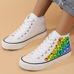 Heart Print Flat Chunky Canvas Sneakers High Top Skate Shoes
