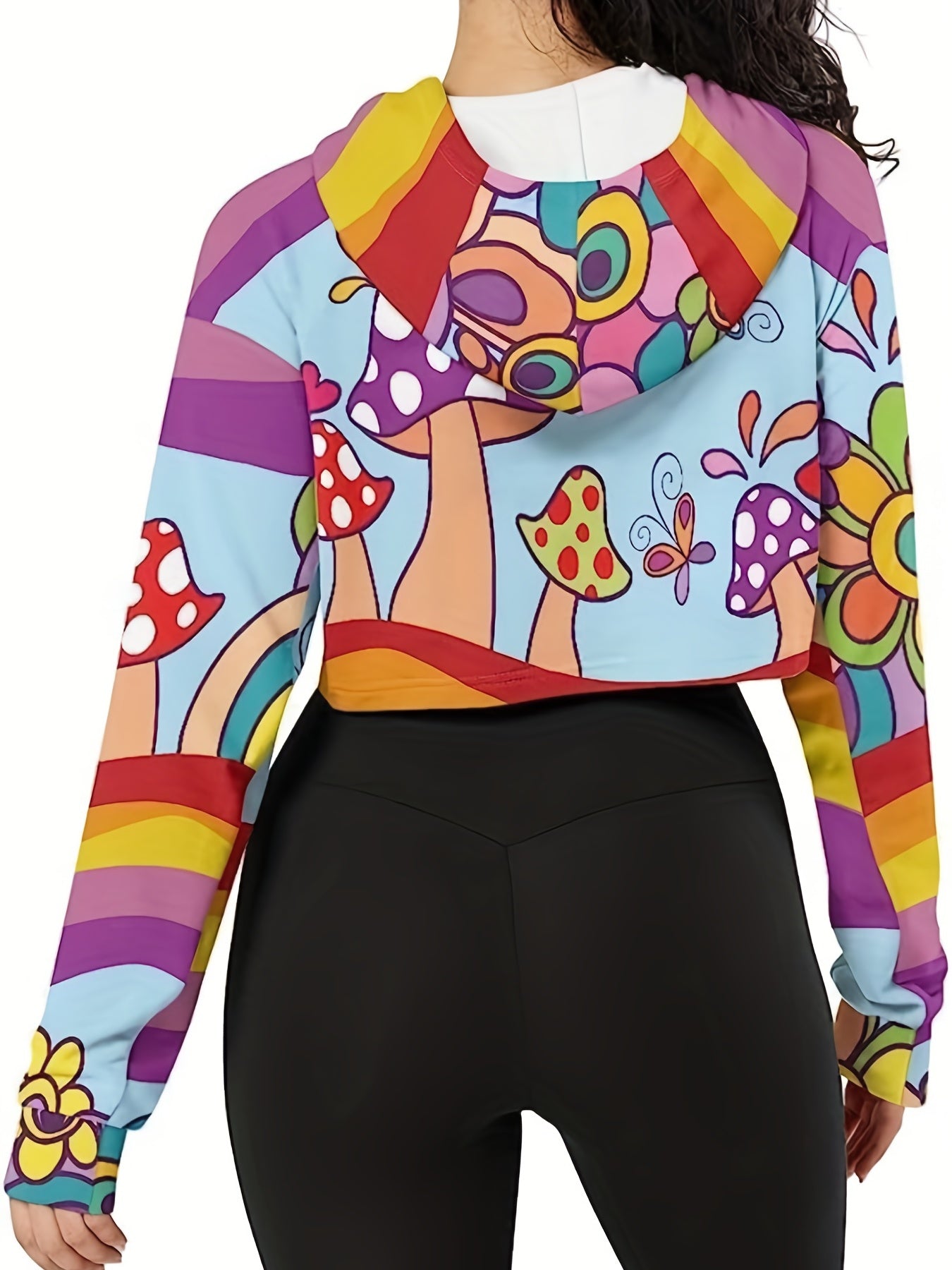 Women's Cropped Long Sleeve Mushroom Print Hoodie