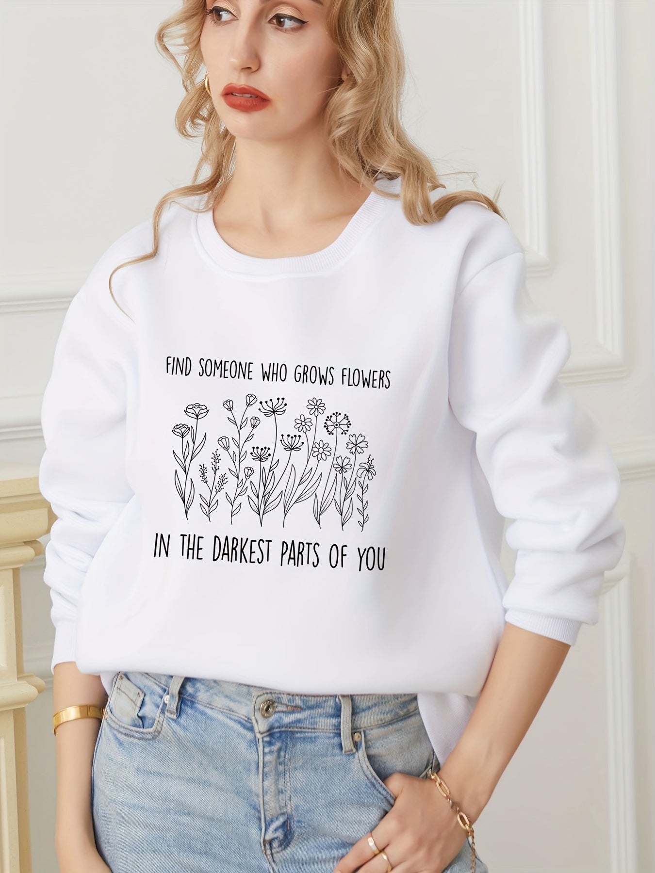 Flower Graphic Print Sweatshirt Long Sleeve Crew Neck Pullover Sweatshirt
