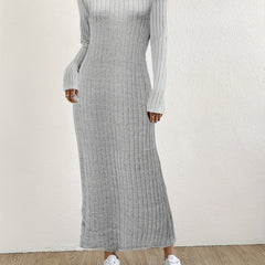 Solid Ribbed Dress Casual Crew Neck Long Sleeve Dress Women's Clothing