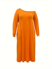 Plus Solid Lantern Sleeve One Shoulder Maxi Dress