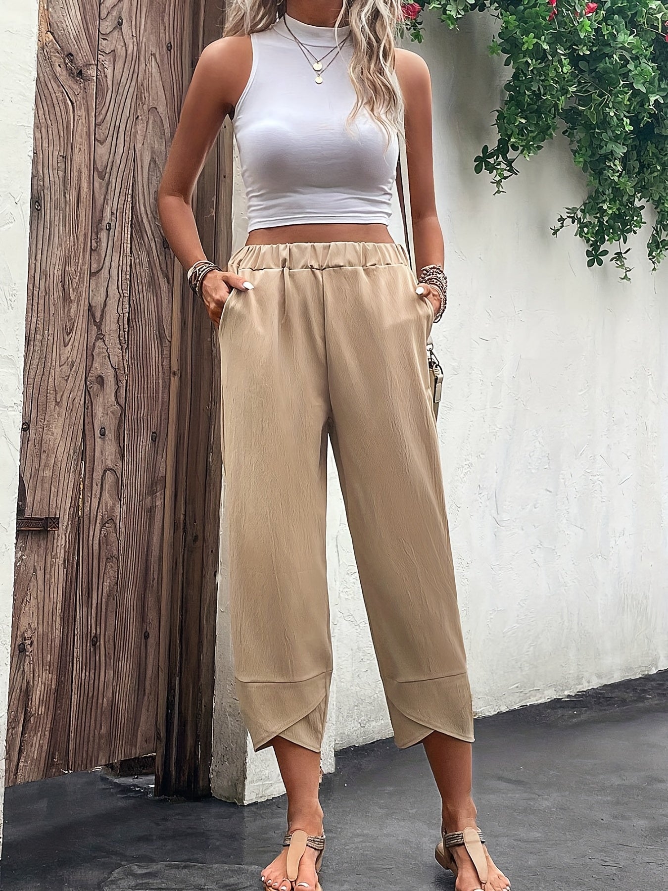 Solid Cropped Carrot Pants Casual Elastic Waist Versatile Pants