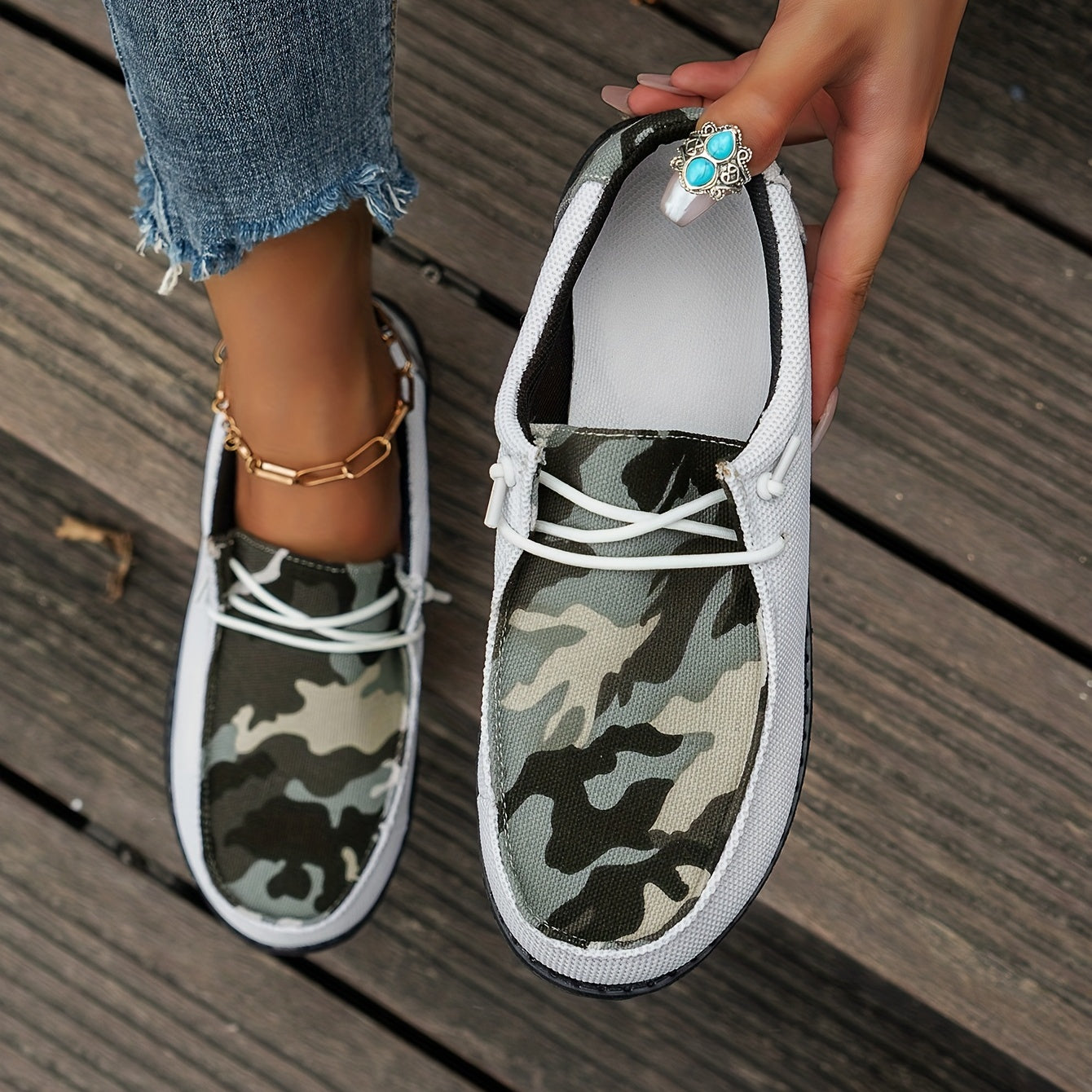Women's Camo Canvas Slip-On Walking Shoes Block Flat Comfort