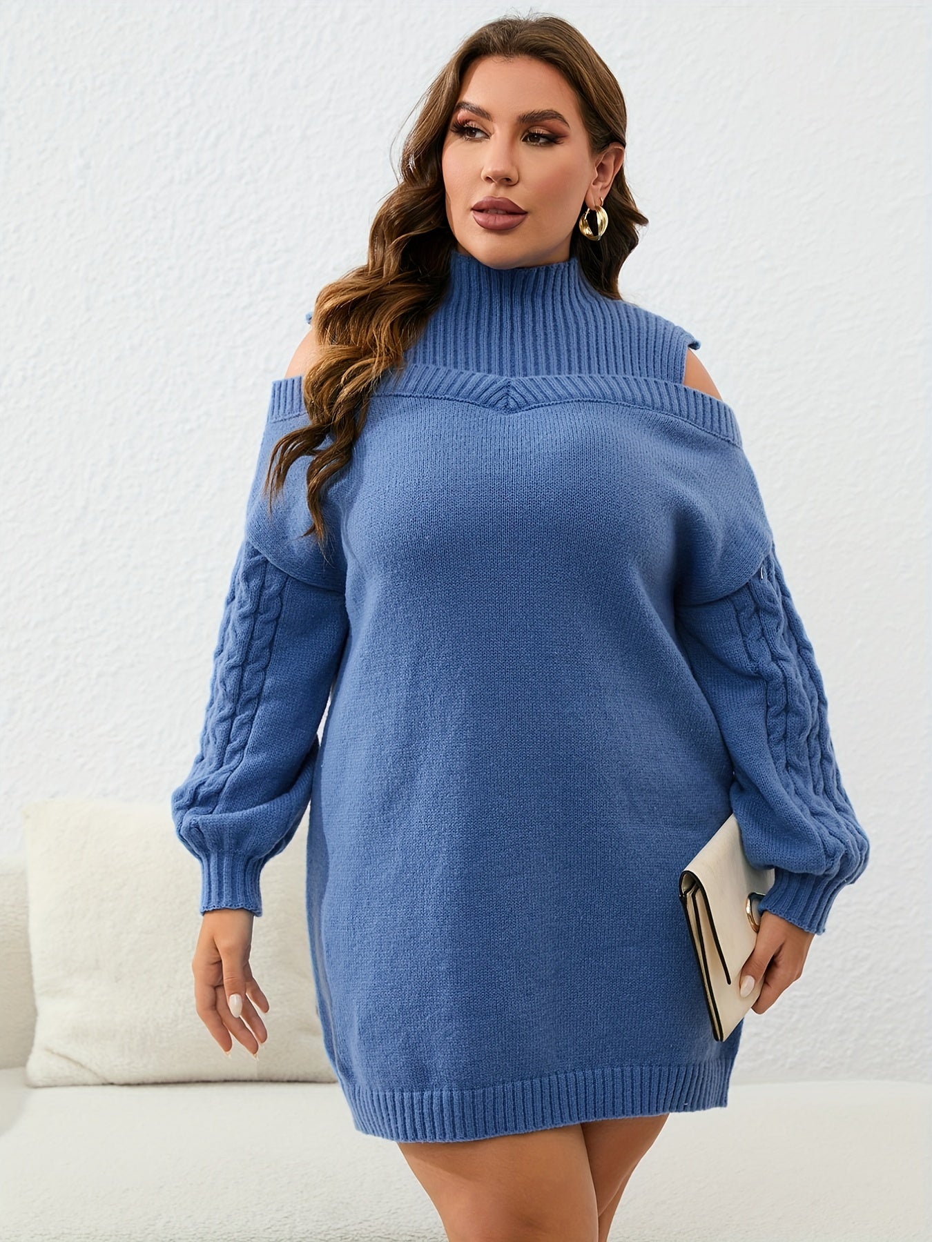 Ribbed Lantern Sleeve Mock Neck Sweater Dress