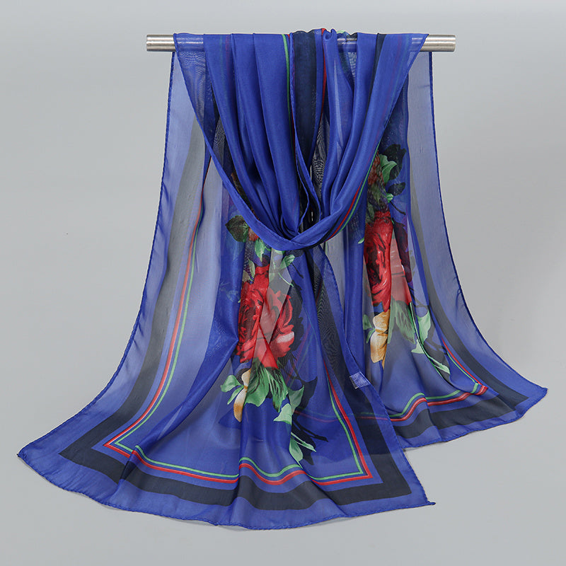 Flower Print Chiffon Scarf 150x04cm Elegant Sunscreen Silk Shawl