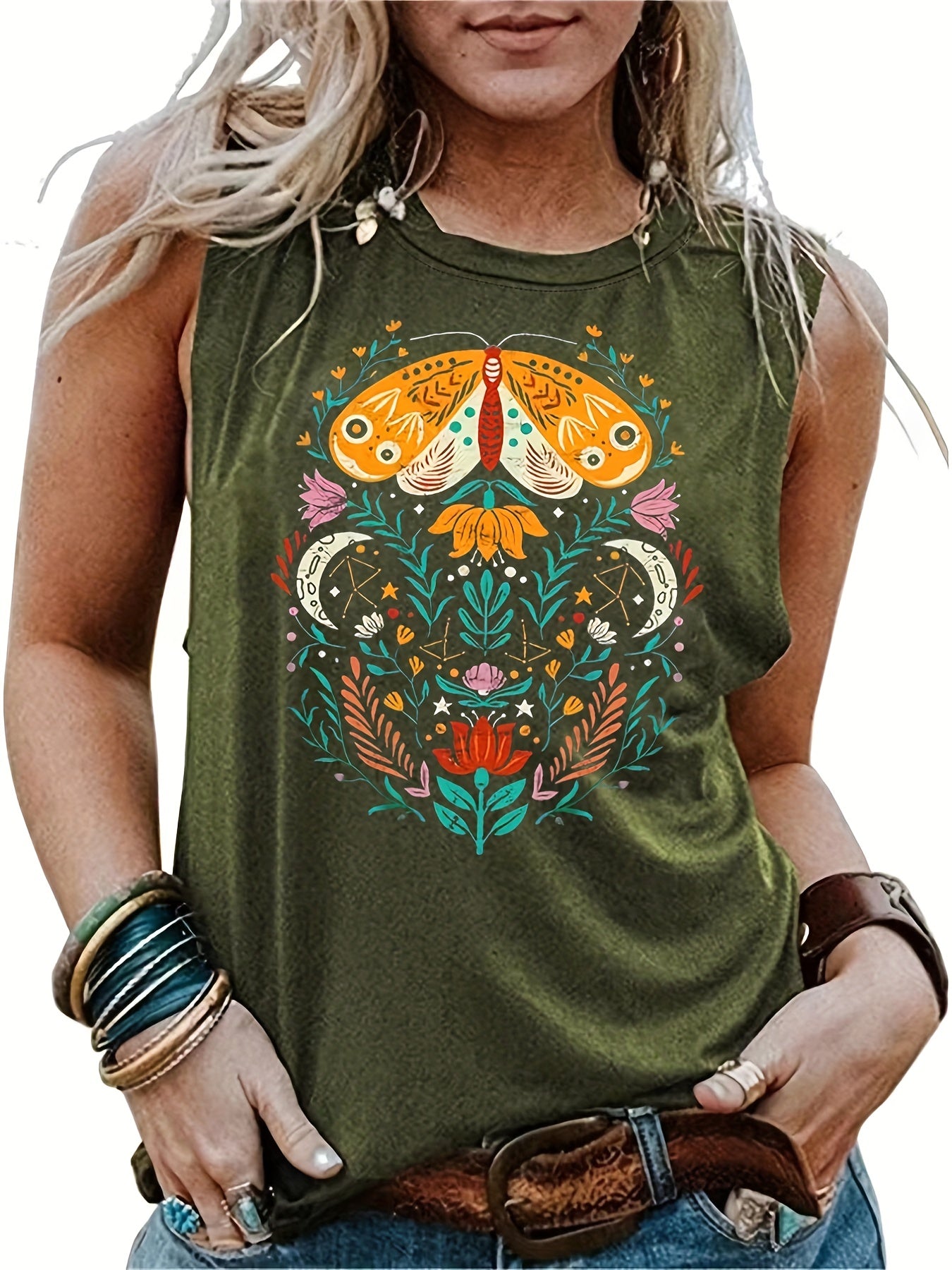 Floral Print Tank Top Summer Sleeveless Casual Crew Neck Women's Clothing
