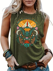 Floral Print Tank Top Summer Sleeveless Casual Crew Neck Women's Clothing