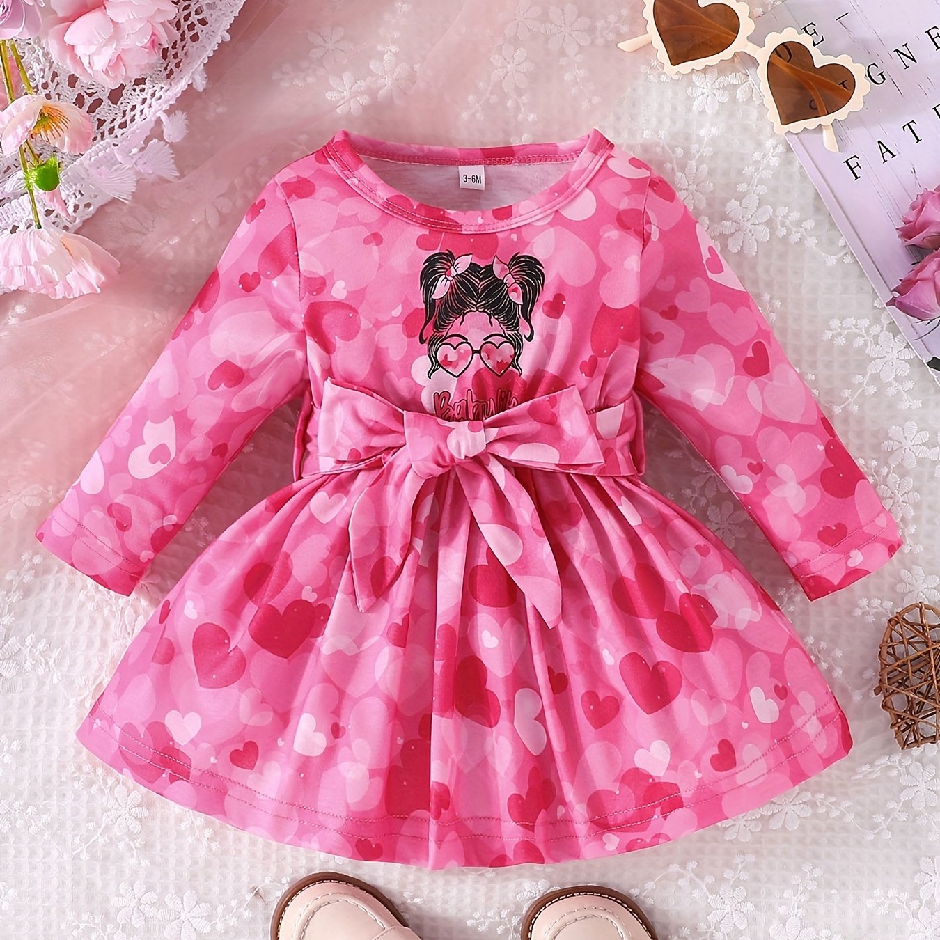 Baby Girls Cartoon Heart Print Long Sleeve Pleated Dress For Spring And Autumn