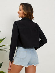 Frayed Trim Denim Jackets Long Sleeves Single Breasted Button Lapel Denim Coats
