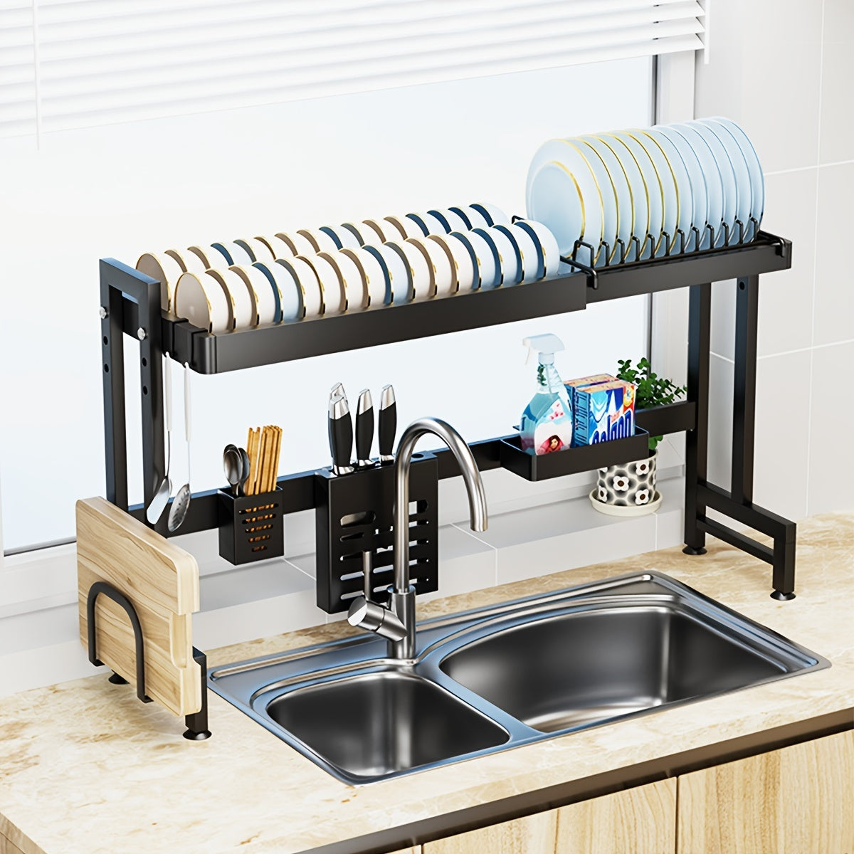 Over Sink Dish Drying Rack Kitchen Drainer Cup Holder Cutlery Rack