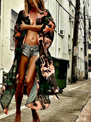 Animal Print Cover Up Shirt Loose Fit V Neck Semi Sheer Casual Beach Kimono