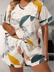 Plus Size Retro Pajamas Set Leaf & Bird Print Tee & Shorts Lounge 2