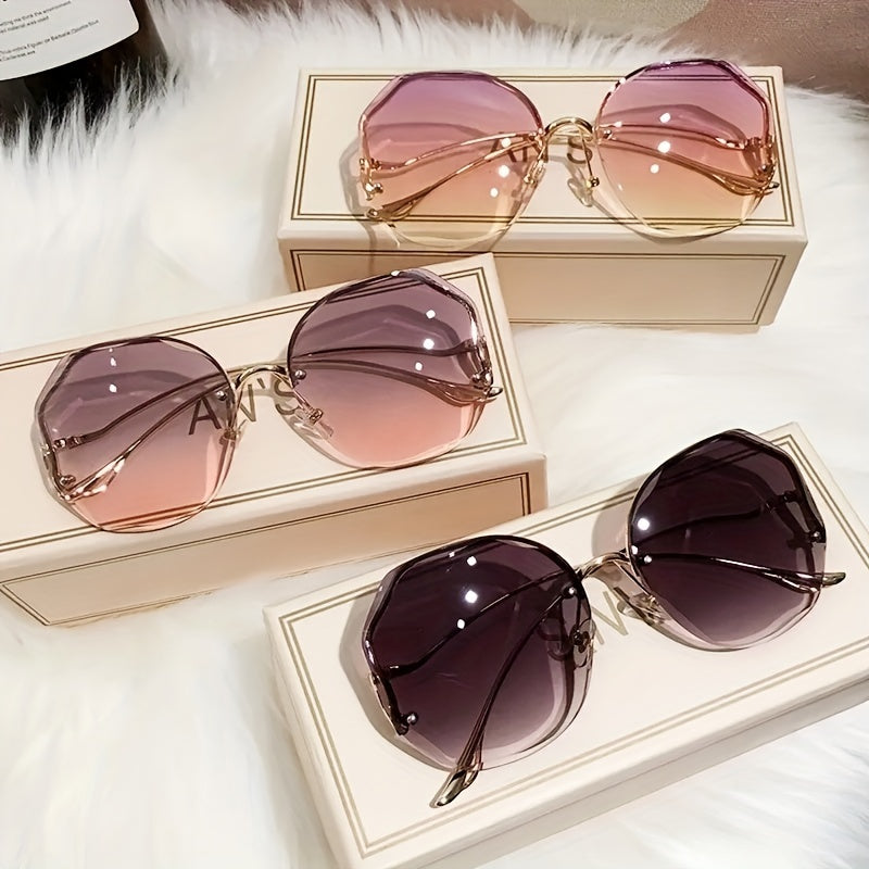 Round Rimless Sunglasses Ombre Lens Metal Temple UV400