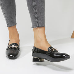 Women's Chunky Low Heel Loafer Shoes Square Toe PU Leather Shoes