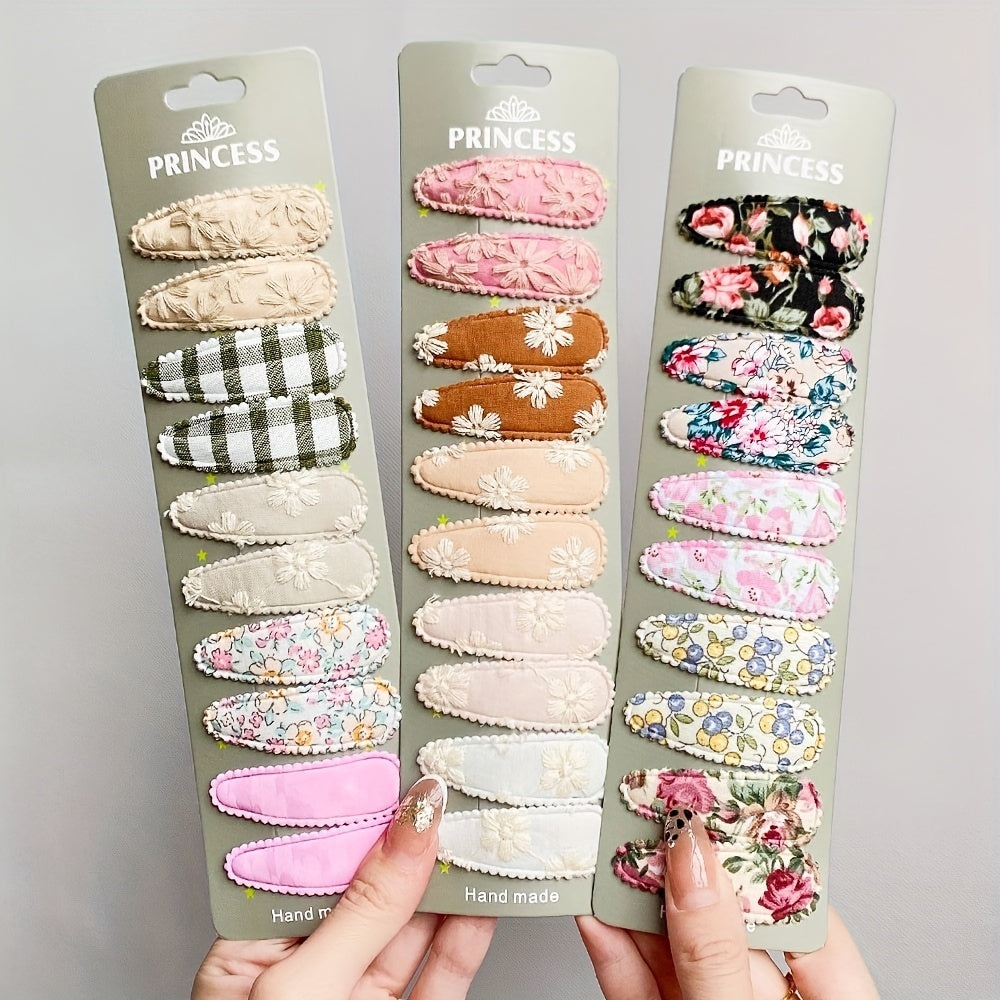 10pcs Baby Girls Embroidered Striped Plaid Floral Hair Clip Headwear
