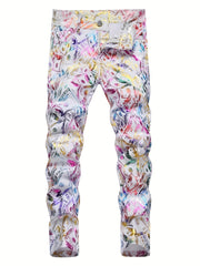 Boys Colorful Pattern Jeans Skinny Slim Fit Washed Denim Long Pants Kids