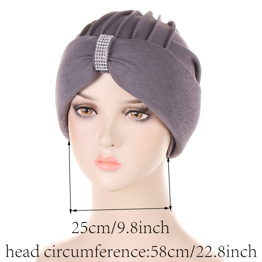 Colorful Women Head Scarf Turban Hat Rhinestone Beanie Pleated Headwrap