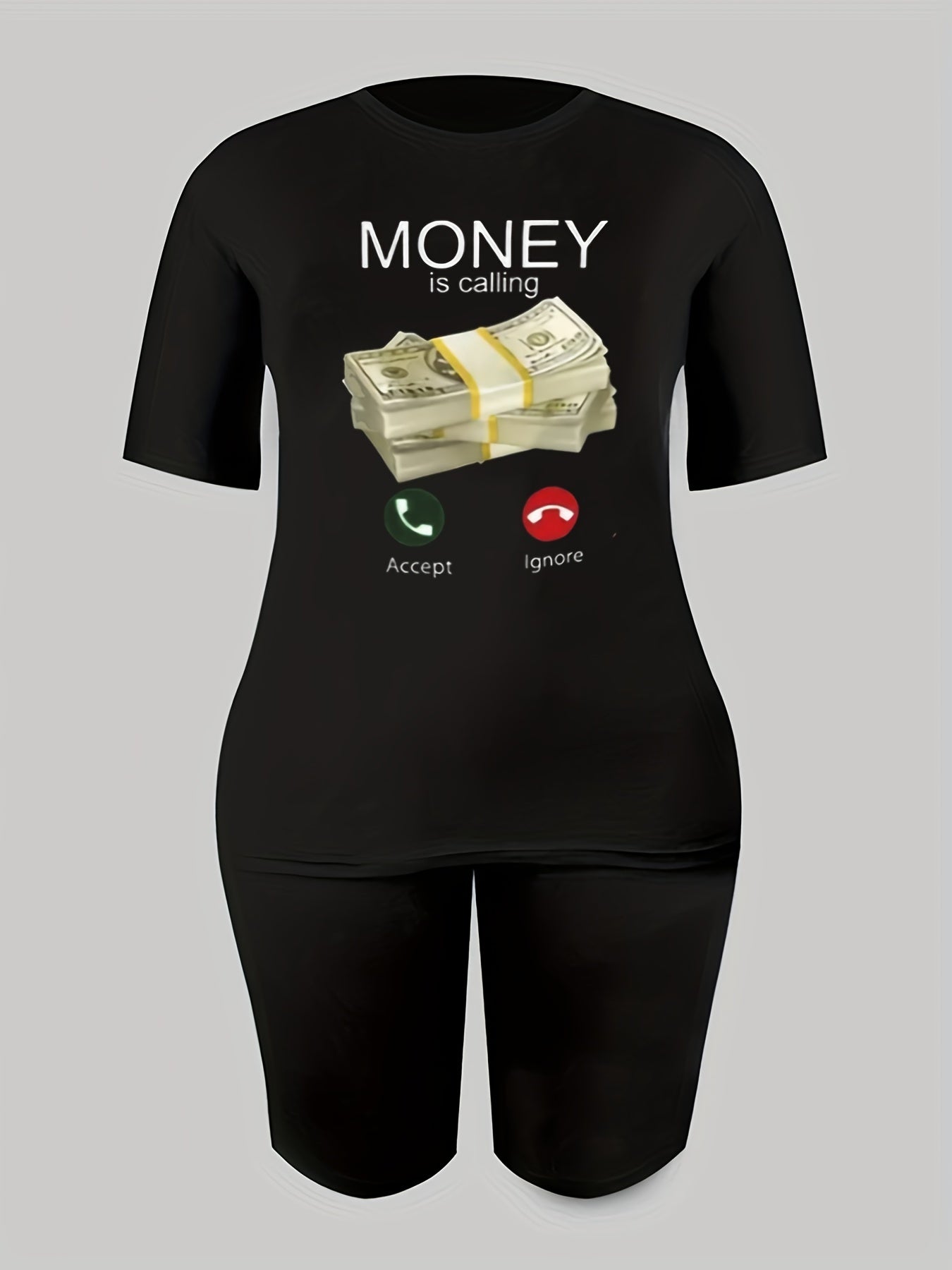 2pcs Money Graphic Crew Neck T-shirt & Solid Shorts Women's Activewear Set