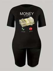 2pcs Money Graphic Crew Neck T-shirt & Solid Shorts Women's Activewear Set