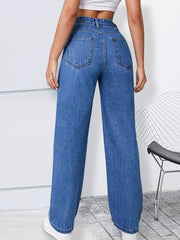 High Rise Straight Jeans Washed Loose Slash Pocket Zipper Button Closure