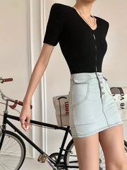 Cut Out Knitted Top Short Sleeve Sweater Women's Clothing