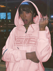 Solid Letter Print Drawstring Long Sleeve Hoodie