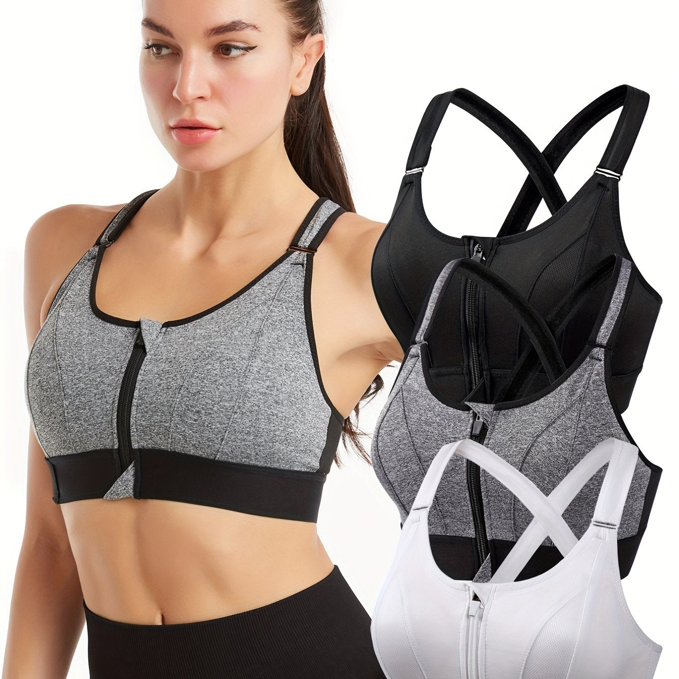 3pcs Zipper Front Sports Tank Bras Comfy Everyday Vest Bra Women's Lingerie
