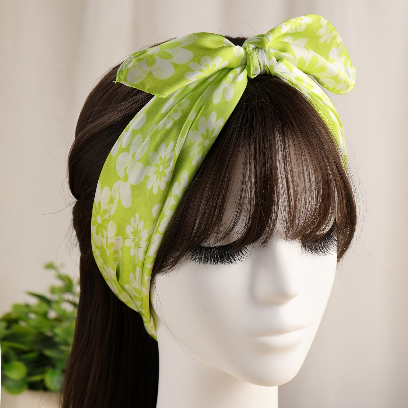 Green Silk Square Flower Print Scarf Head Band
