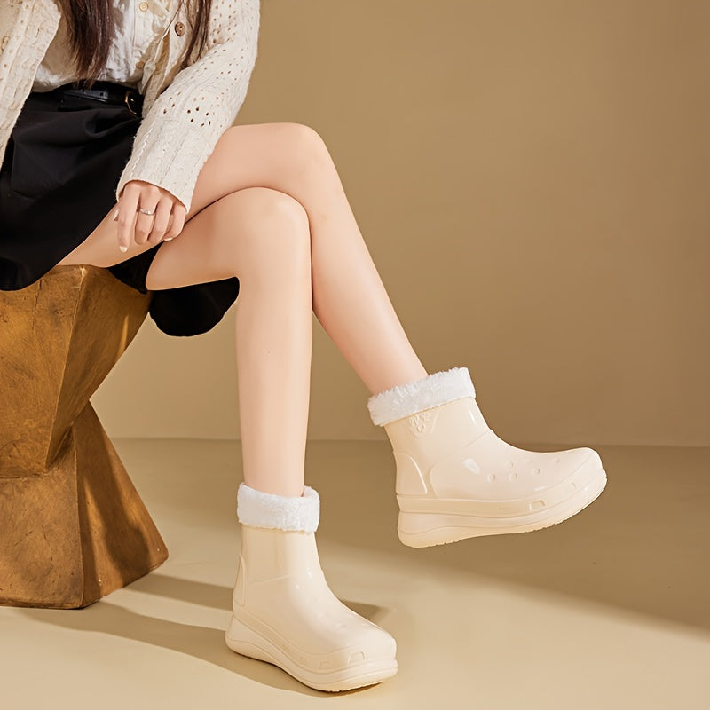 Warm Women's Rain Boots Thickened Mid Calf Water Shoes