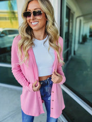 Waffle Pattern Cardigan Long Sleeve Button Up