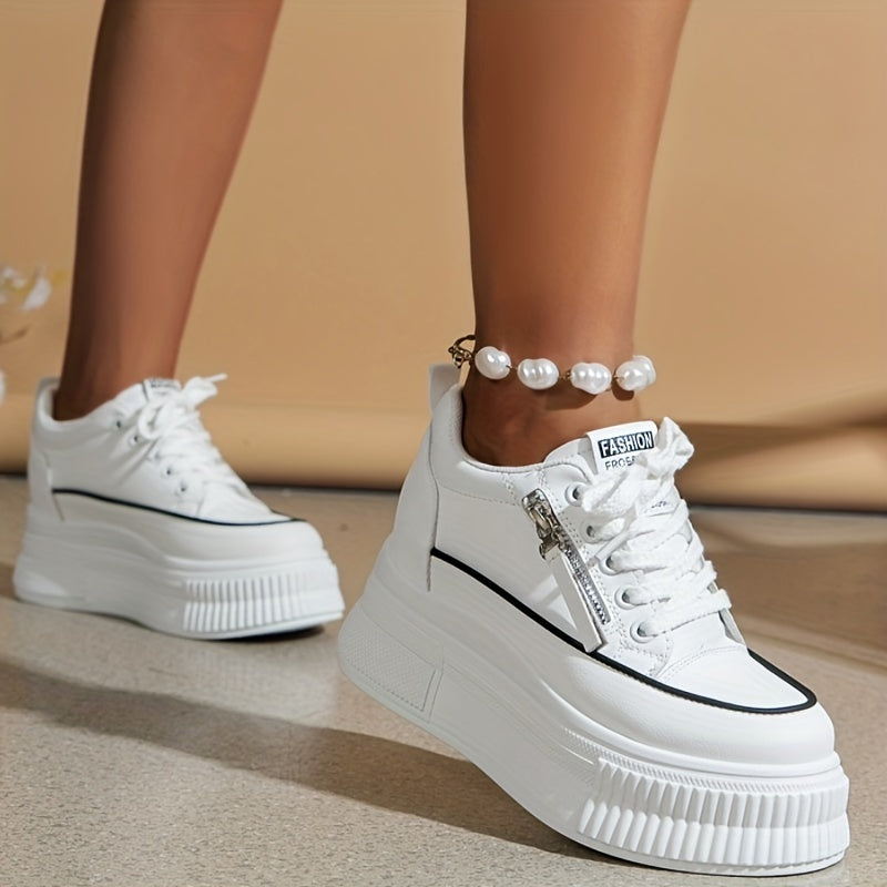 Women's Side Zipper Sneakers Lace Up Low Thick Sole Flat Shoes