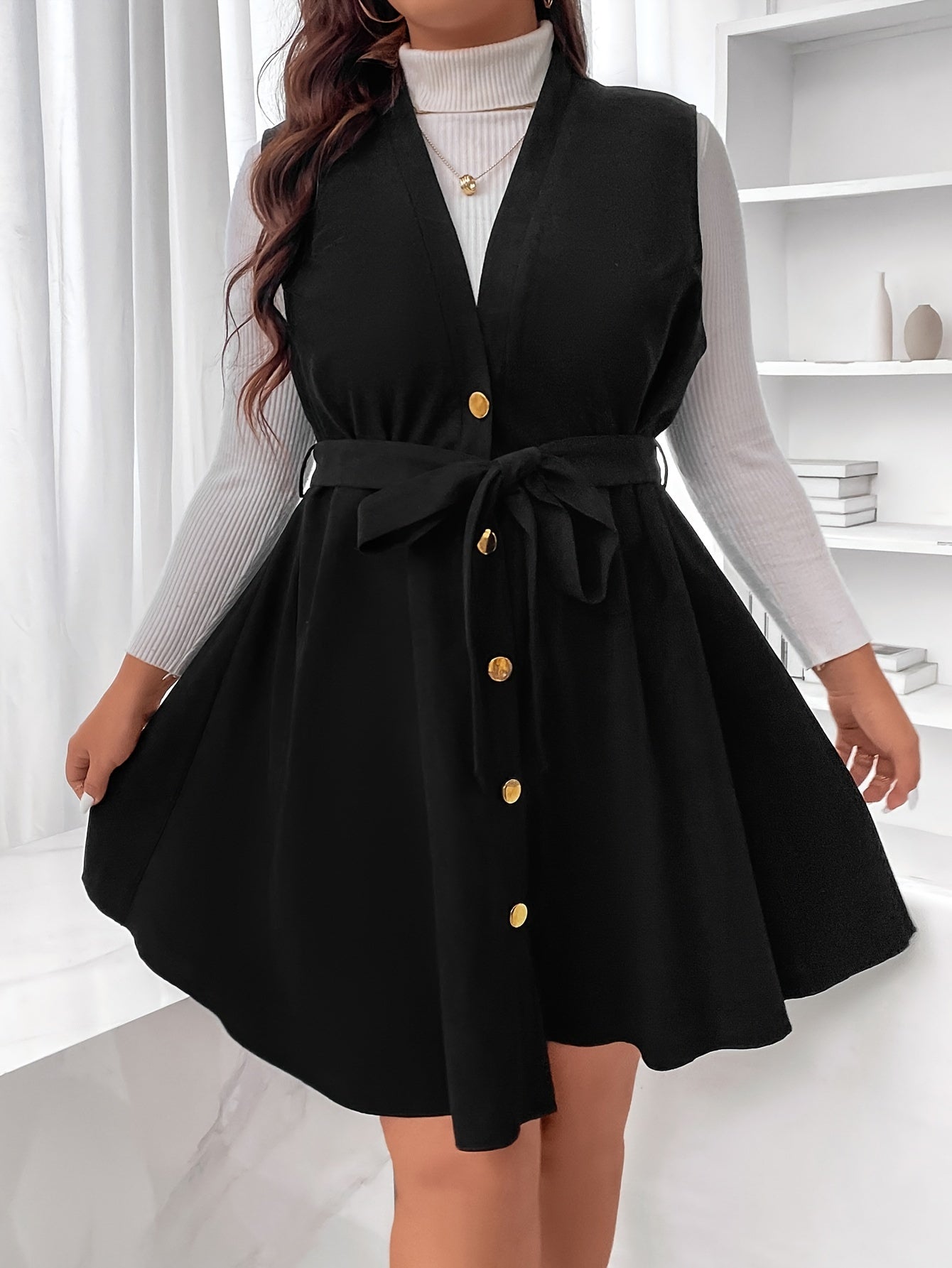 Solid Corduroy A-line Tank Dress With Belt